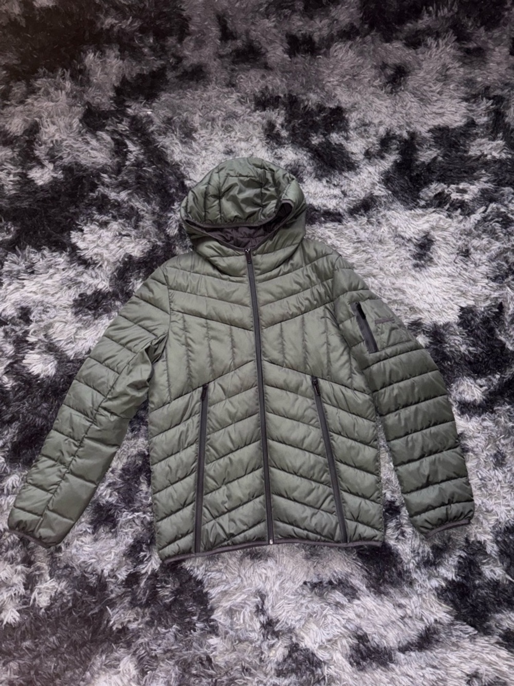 KARL LAGERFELD Olive Green Quilted Hooded Puffer Jacket